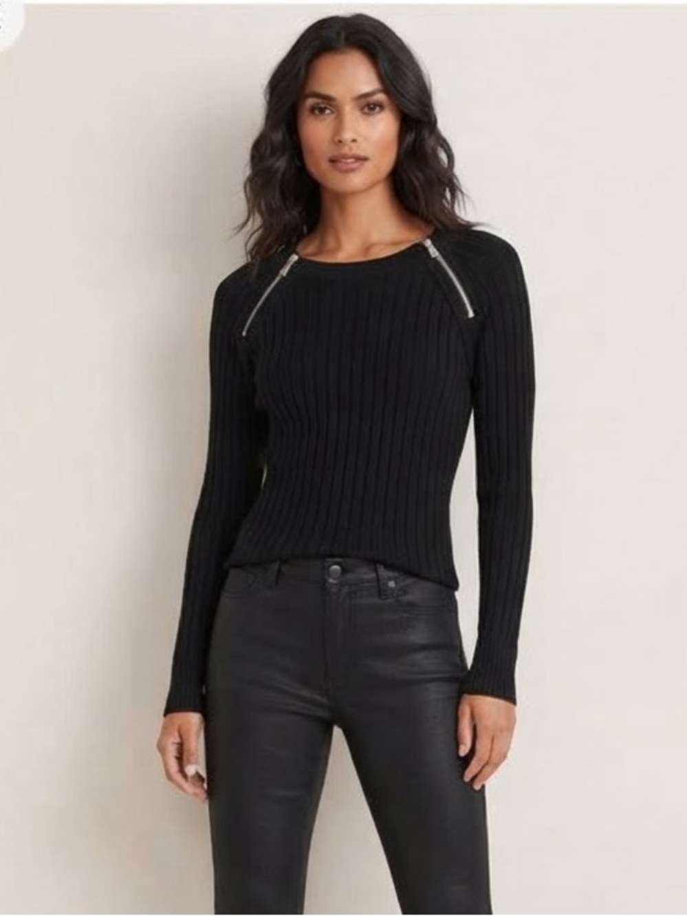 Black Long Sleeve Sweater Ribbed  Zip-Shoulder Detail Trendy Edgy Contemporary
